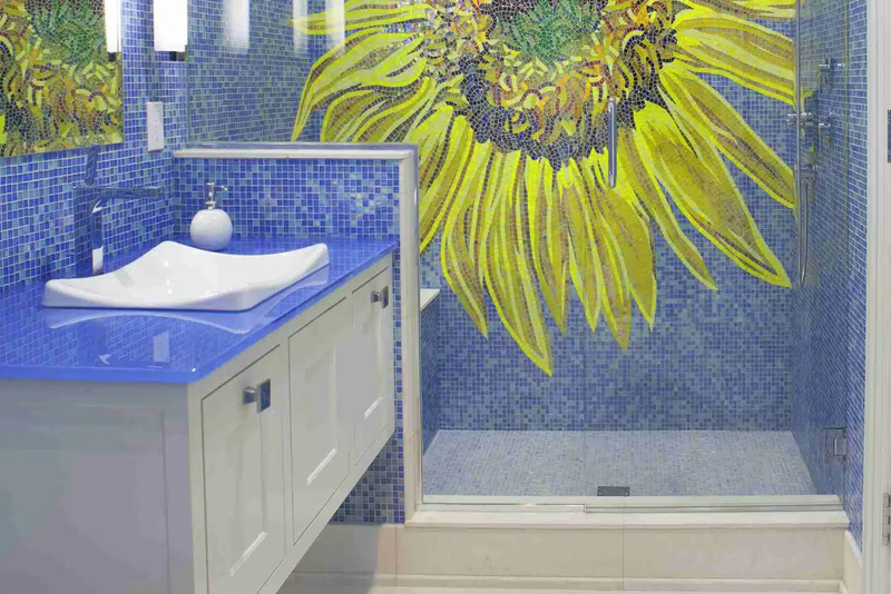 blue sunflower mosaic shower in a bathroom remodel in east cleveland